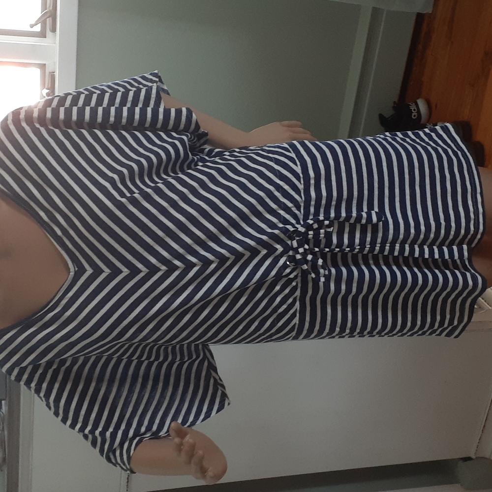 Umgee blue and white striped drawstring dropwaist relaxed fit mini dress  Sz S